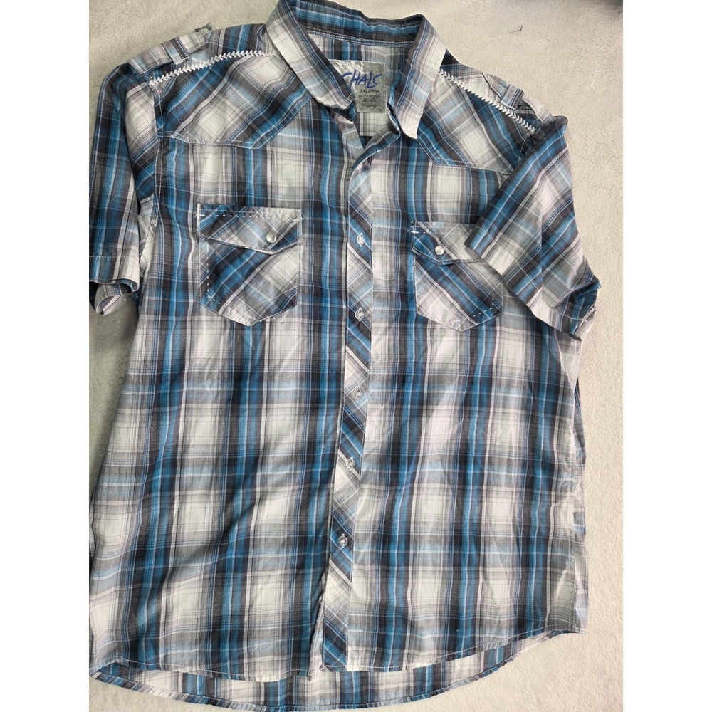 Chal Plaid Button Up Shirt Mens XXL Blue Gray Short Sleeve Casual - Picture 3 of 7
